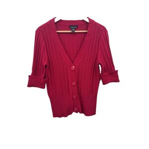 VTG Y2K Womens Medium Cardigan Chunky Button Cotton 3/4 Sleeve Retro 90s Preppy